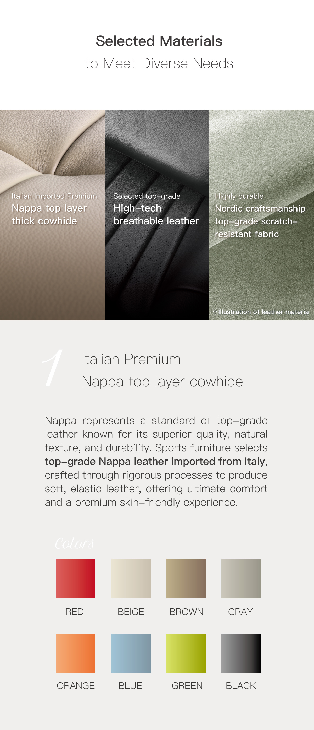 Selected Materials to Meet Diverse Needs. Italian Premium Nappa top layer cowhide. 