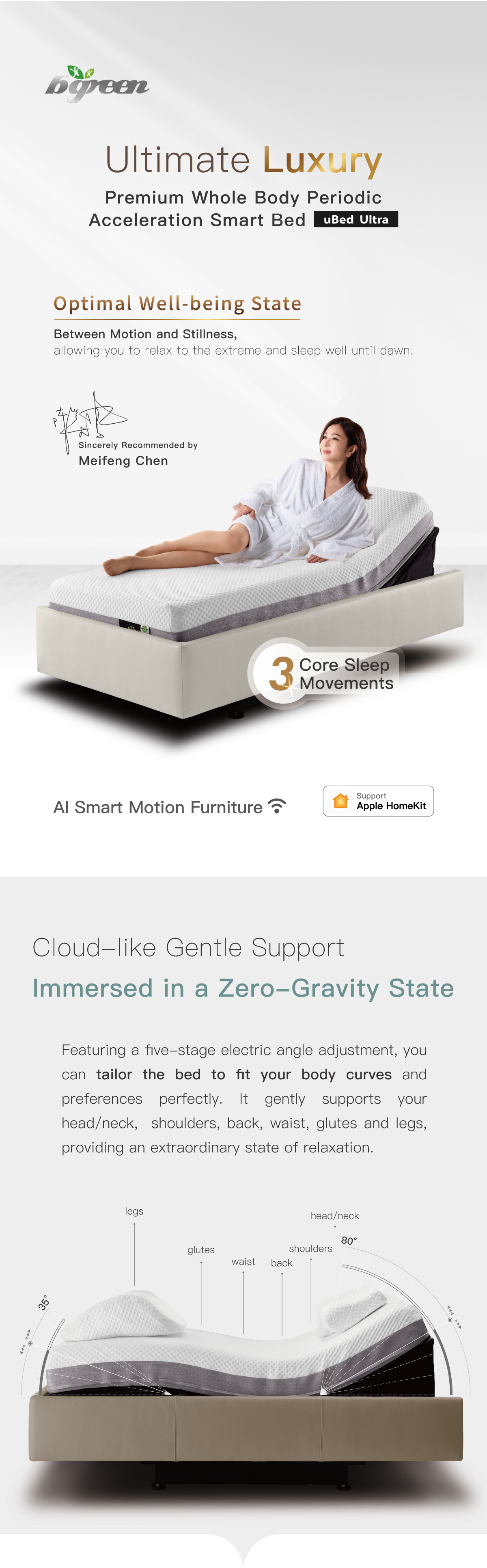 Premium Whole Body Periodic Accelera Smart Bed. Cloud-like Gentle Support Immersed in a Zero-Gravity State. You can tailor the bed to fit your body curves.