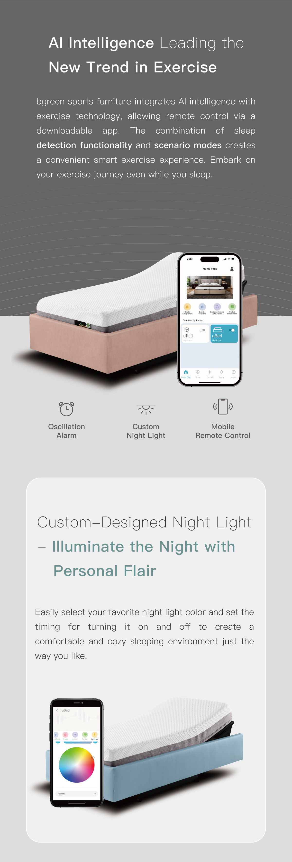 AI Intelligence Leading the New Trend in Exercise. Allowing remote control via a downloadable app. Easily select your favorite night light color.