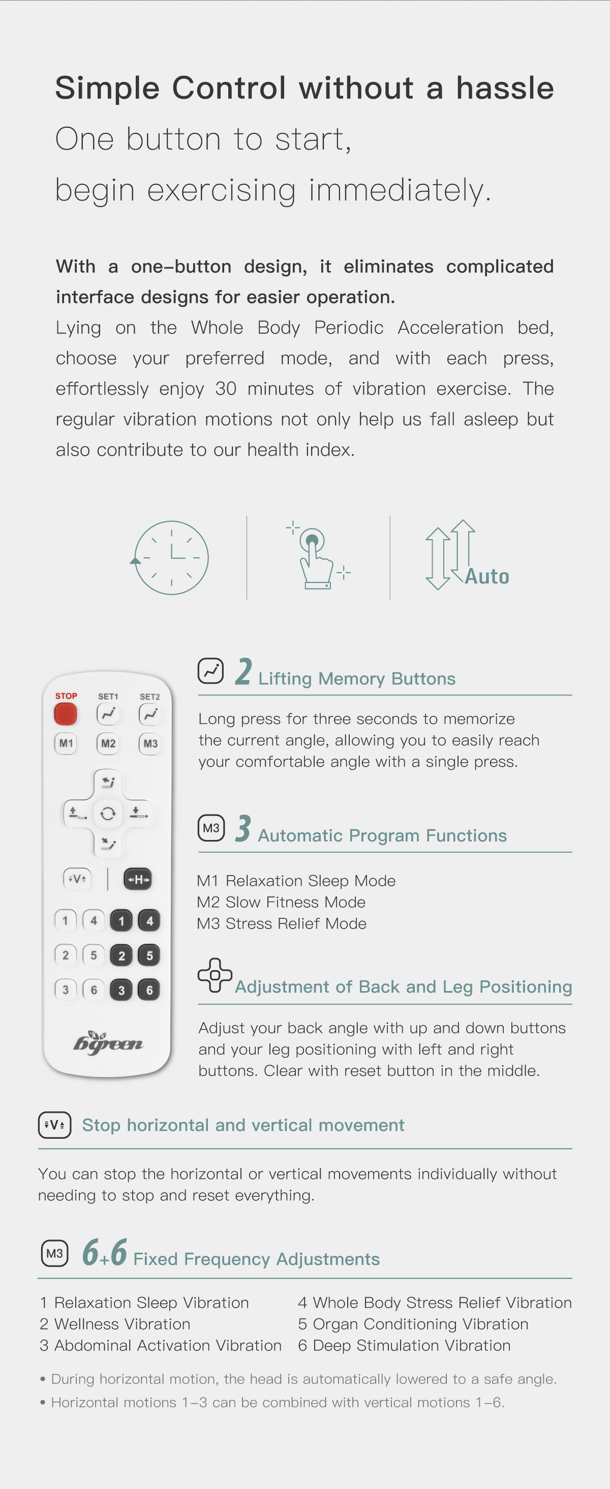 Simple Control without a hassle. One button to start, begin exercising immediately.