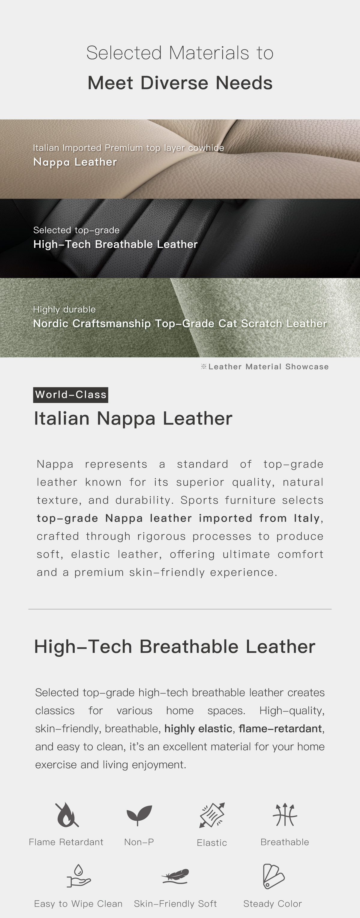 Selected Materials to Meet Diverse Needs. Italian Imported Premium top layer cowhide Nappa Leather.