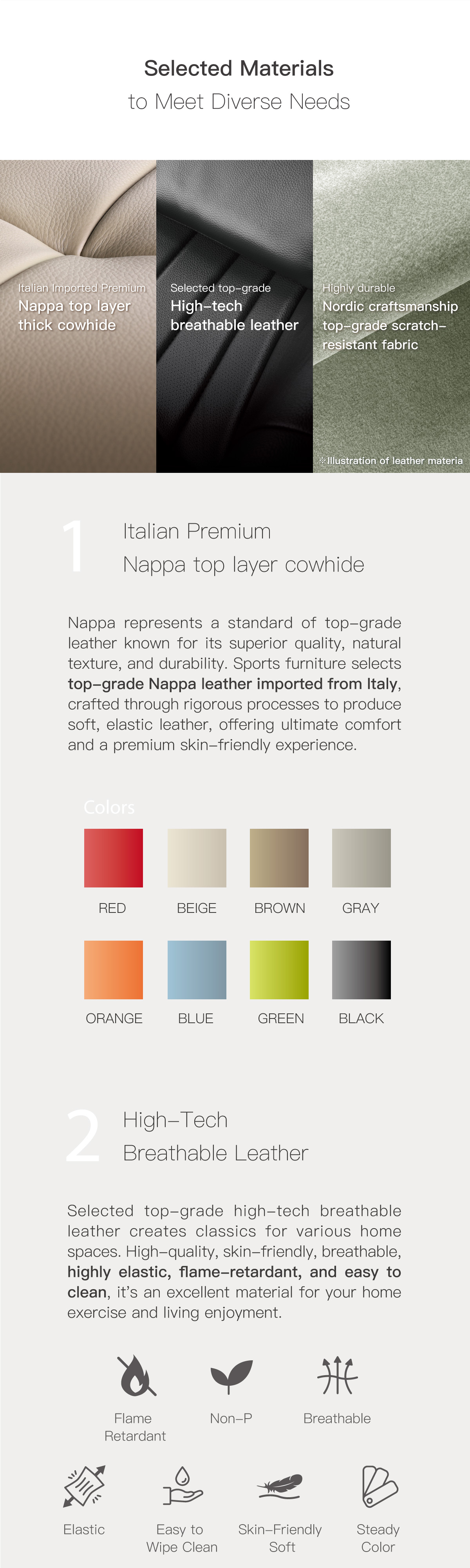 Selected Materials to Meet Diverse Needs. Italian Premium Nappa top layer cowhide. High-Tech Breathable Leather. 