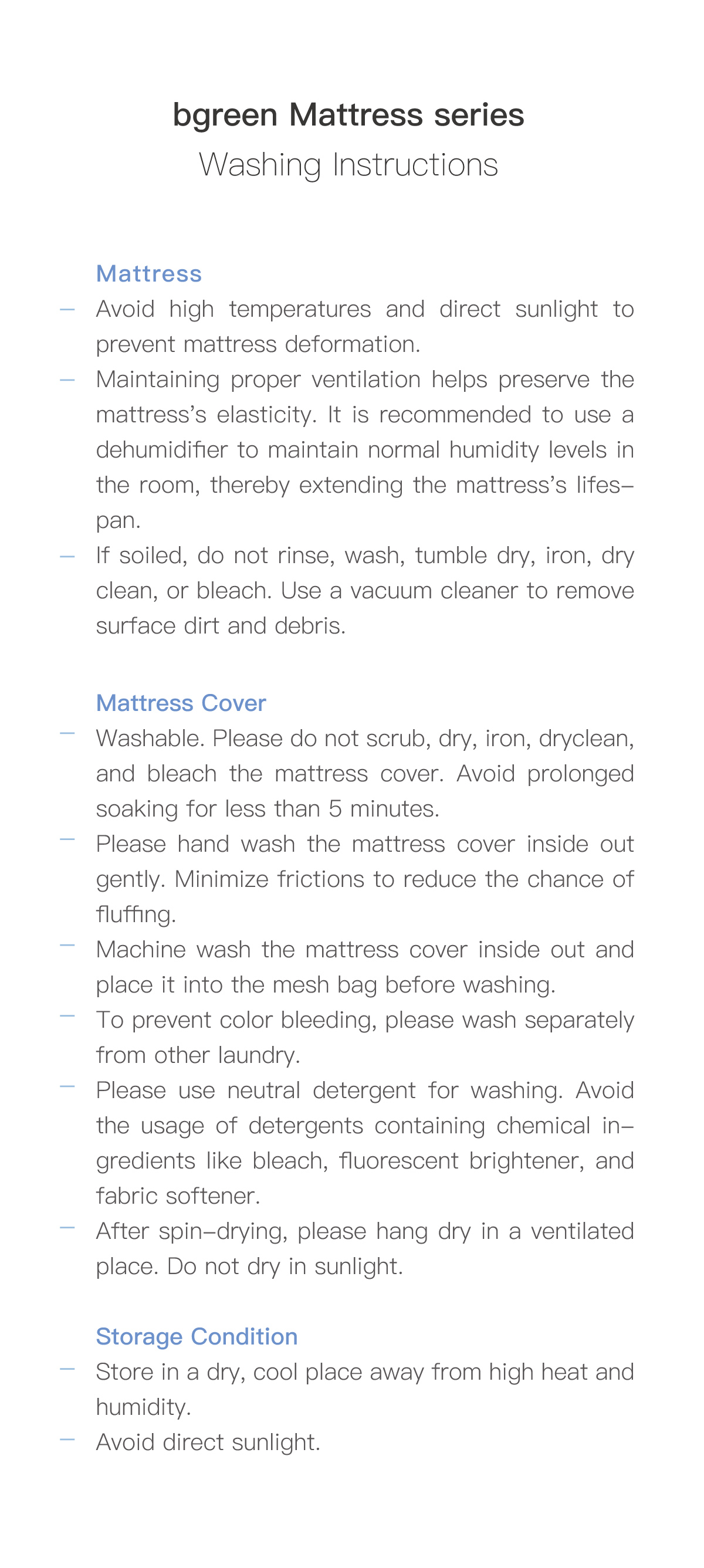 bgreen Mattress series Washing Instructions.