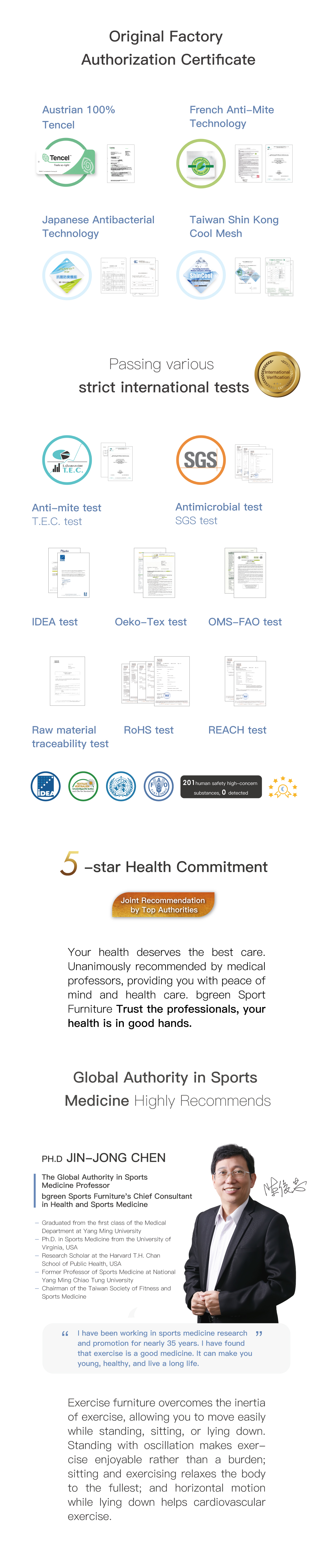 Original Factory Authorization Certificate. Passing various strict international tests. 5-star Health Commitmen. Global Authority in Sports Medicine PH.D  JIN-JONG CHEN Highly Recommends.