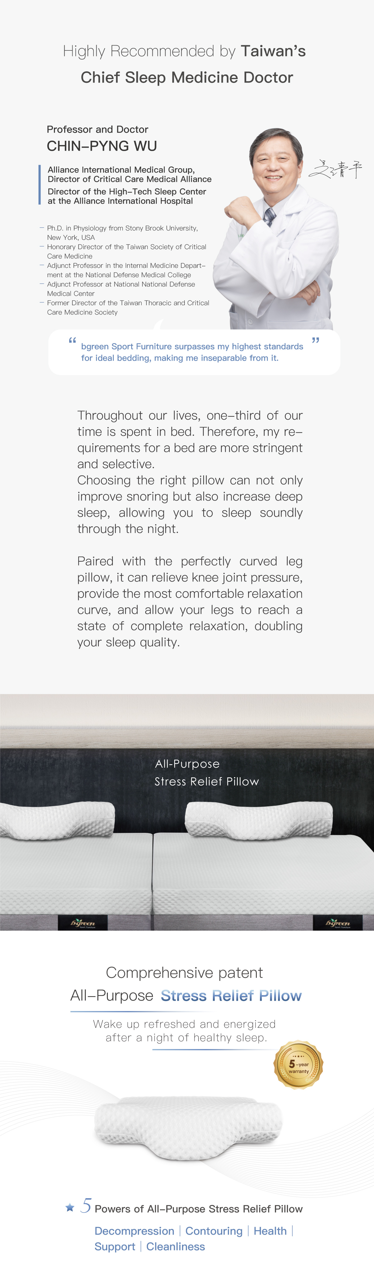 Highly Recommended by Taiwan's Chief Sleep Medicine Doctor CHIN-PYNG WU. Comprehensive patent All-Purpose Stress Relief Pillow. Wake up refreshed and energized after a night of healthy sleep.