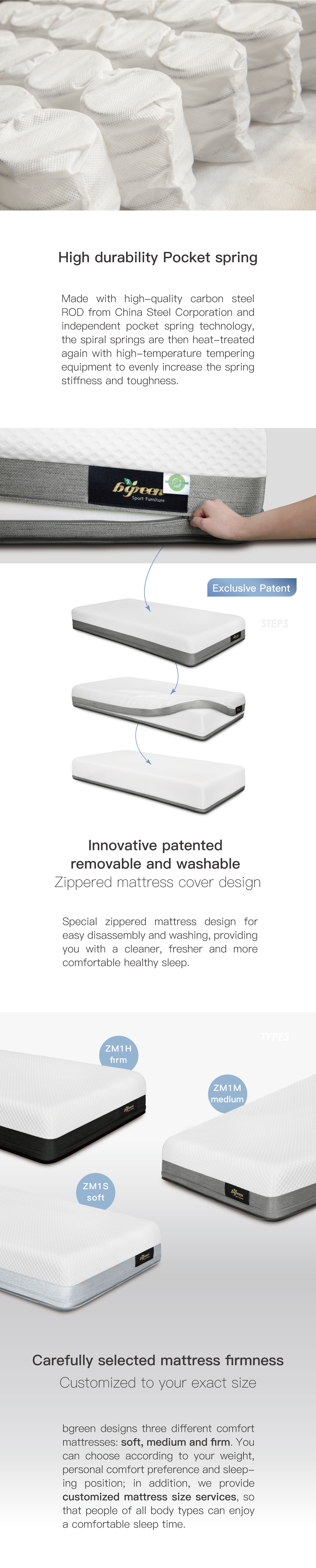 High durability Pocket spring. Innovative patented removable and washable Zippered mattress cover design. Carefully selected mattress firmness Customized to your exact size.