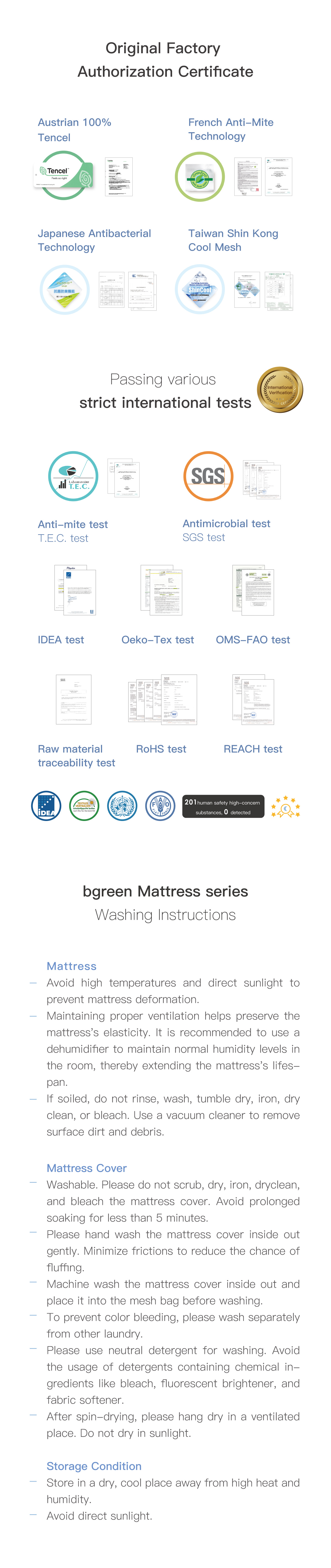 Original Factory Authorization Certificate. Passing various strict international tests. bgreen Mattress series Washing Instructions.